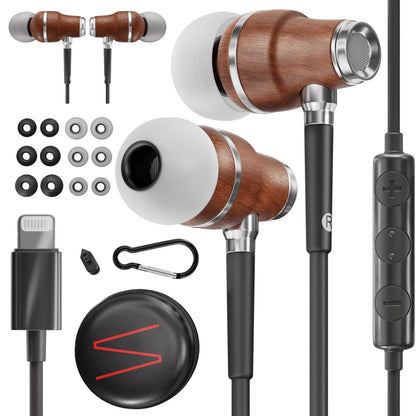 Symphonized® iPhone headphones with Apple MFI certification, wired headphones for iPhone, noise-cancelling in-ear headphones, 8mm bass, 3D sound from Bubinga wood, volume control for iPhone and iPad. NRG