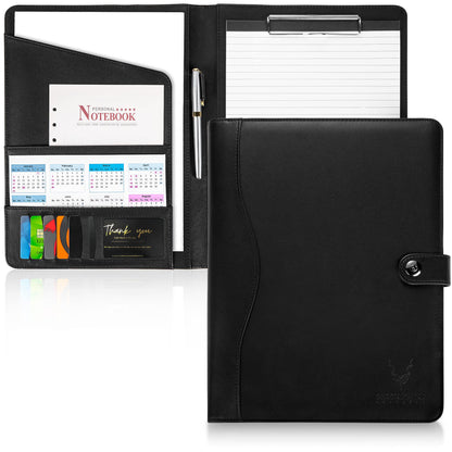 AMKSONS A4 Writing Pad in Black with Clipboard & A4 Notepad - Premium Conference Folder made of PU leather with document compartments, pen holder, flap cover, and magnetic closure.