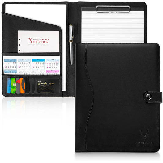 AMKSONS A4 Writing Pad in Black with Clipboard & A4 Notepad - Premium Conference Folder made of PU leather with document compartments, pen holder, flap cover, and magnetic closure.