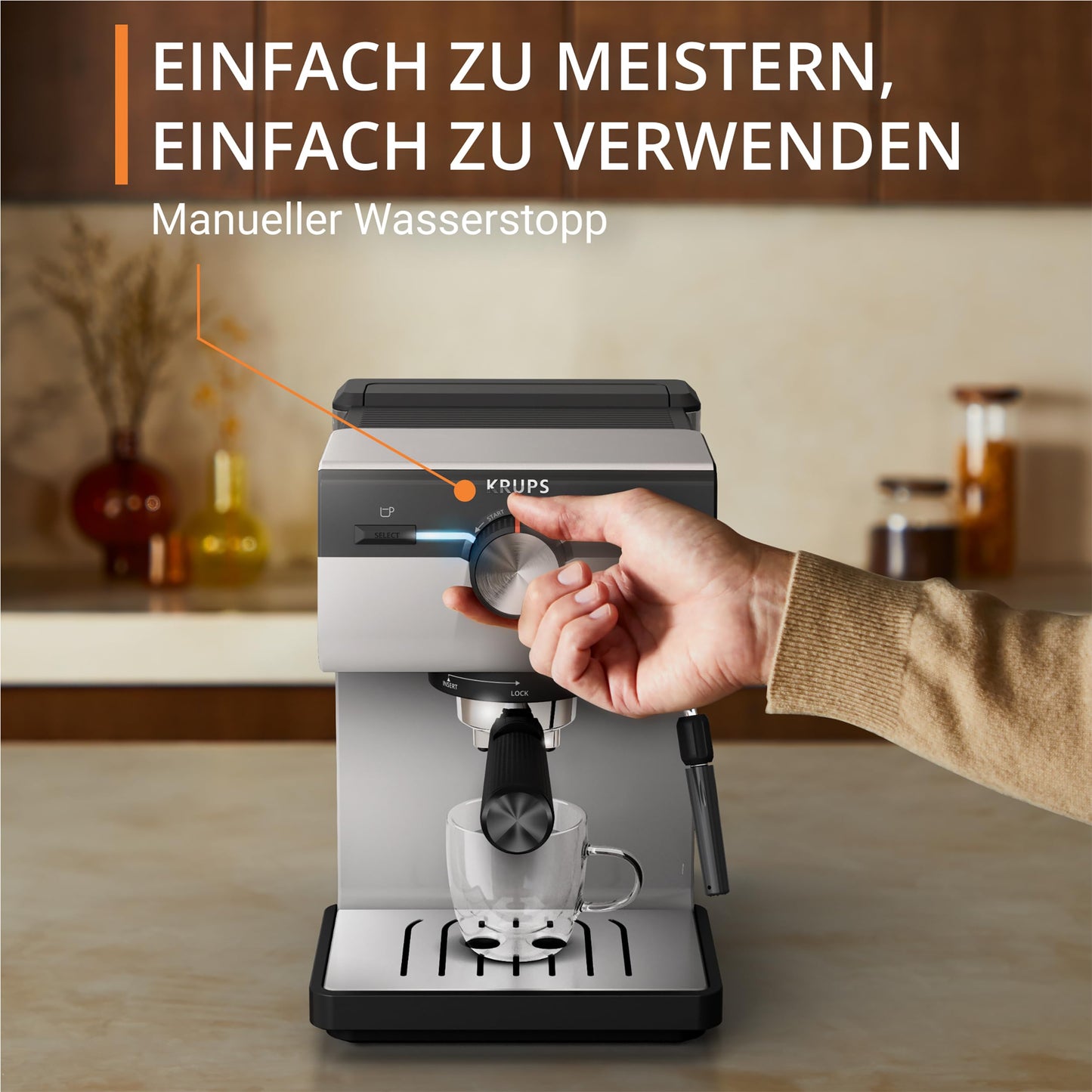 KRUPS Authentic Espresso Machine, 15 bar, intuitive operation, refined design, integrated steam wand, 2L water tank, accessories included, Grey/Cream, XP381B10