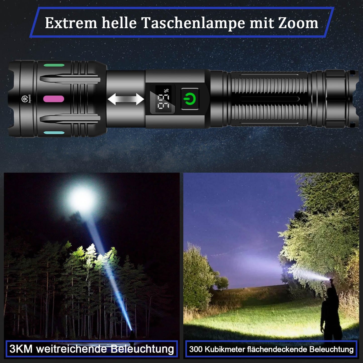 Jayxinli flashlight 1000000 lumens, rechargeable, extremely bright, powerful, zoomable, 5 light modes for camping, dog walks, emergencies, and daily use