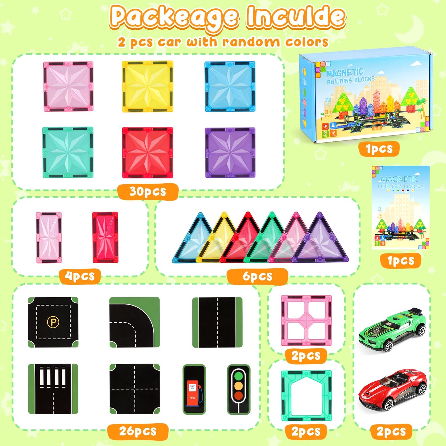 Perbabe Magnetic Building Blocks, 72 Piece Magnets Kids Stronger Magnetic Building Blocks, Magnetic Tiles City Streets Set with 2 Cars Magnetic Game for 3 4 5 6 7 8 Years Preschool Learning