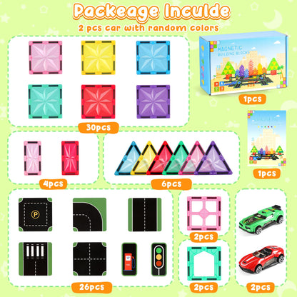 Perbabe Magnetic Building Blocks, 72 Piece Magnets Kids Stronger Magnetic Building Blocks, Magnetic Tiles City Streets Set with 2 Cars Magnetic Game for 3 4 5 6 7 8 Years Preschool Learning