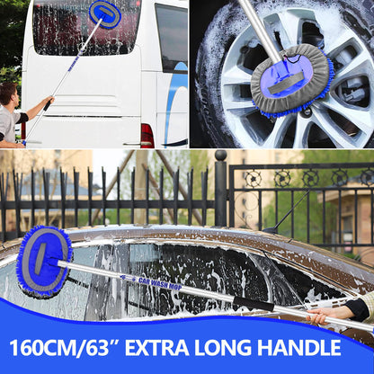 160cm 63" car wash brush with telescopic handle. Brush for motorhome, caravan, truck. Microfiber cleaning brush for car. 2 in 1 anti-scratch telescopic brush. Car brush cleaning set includes 3 replacement mop heads.