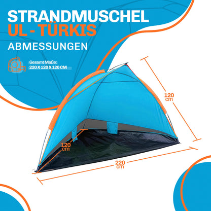 Blumixx pop-up beach tent for 2-3 people - wind protection & sun protection beach tent, compact foldable, lightweight travel beach tent, baby beach tent, UV protection, 220x120x120 cm, turquoise.