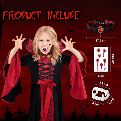 Funnlot Vampire Costume Girls Gothic Halloween Costume Dress with Vampire Teeth Kids Carnival Costume Cosplay M(7-9 Years)