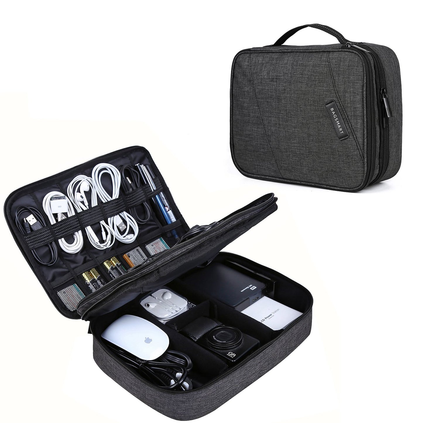 Bagsmart Electronics Bag, Double Layer Electronics Travel Organizer for Cables, Charger, iPad, iPad Air, Tablet up to 10.5 inches, Adapter, Mouse, SD Cards (Anthracite)