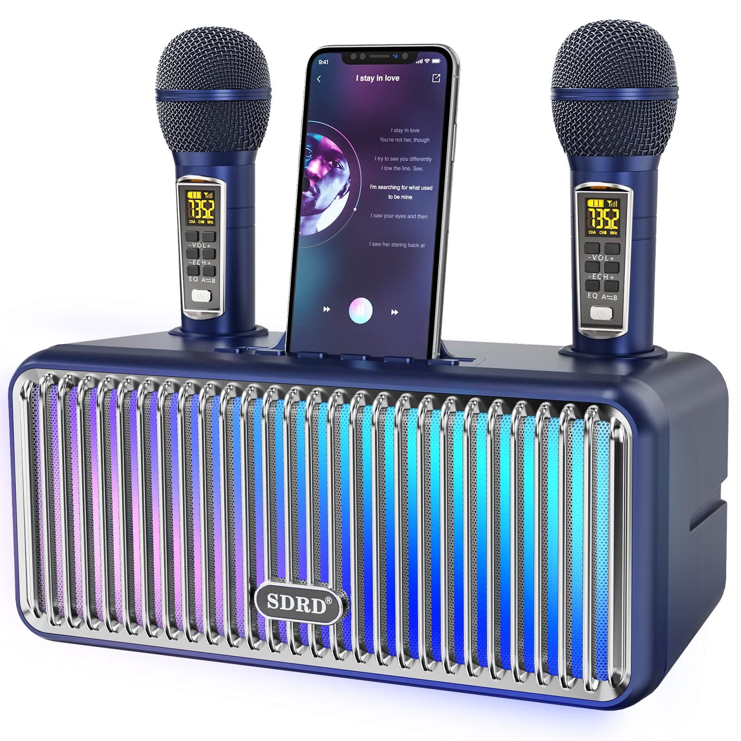 Karaoke machine for adults and kids, portable Bluetooth speakers with 2 UHF wireless microphones. Karaoke speaker PA system with LED lights for outdoor/indoor-Blue.