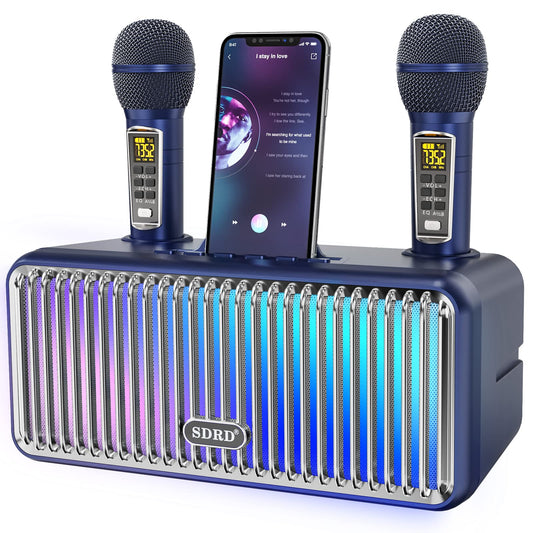 Karaoke machine for adults and kids, portable Bluetooth speakers with 2 UHF wireless microphones. Karaoke speaker PA system with LED lights for outdoor/indoor-Blue.
