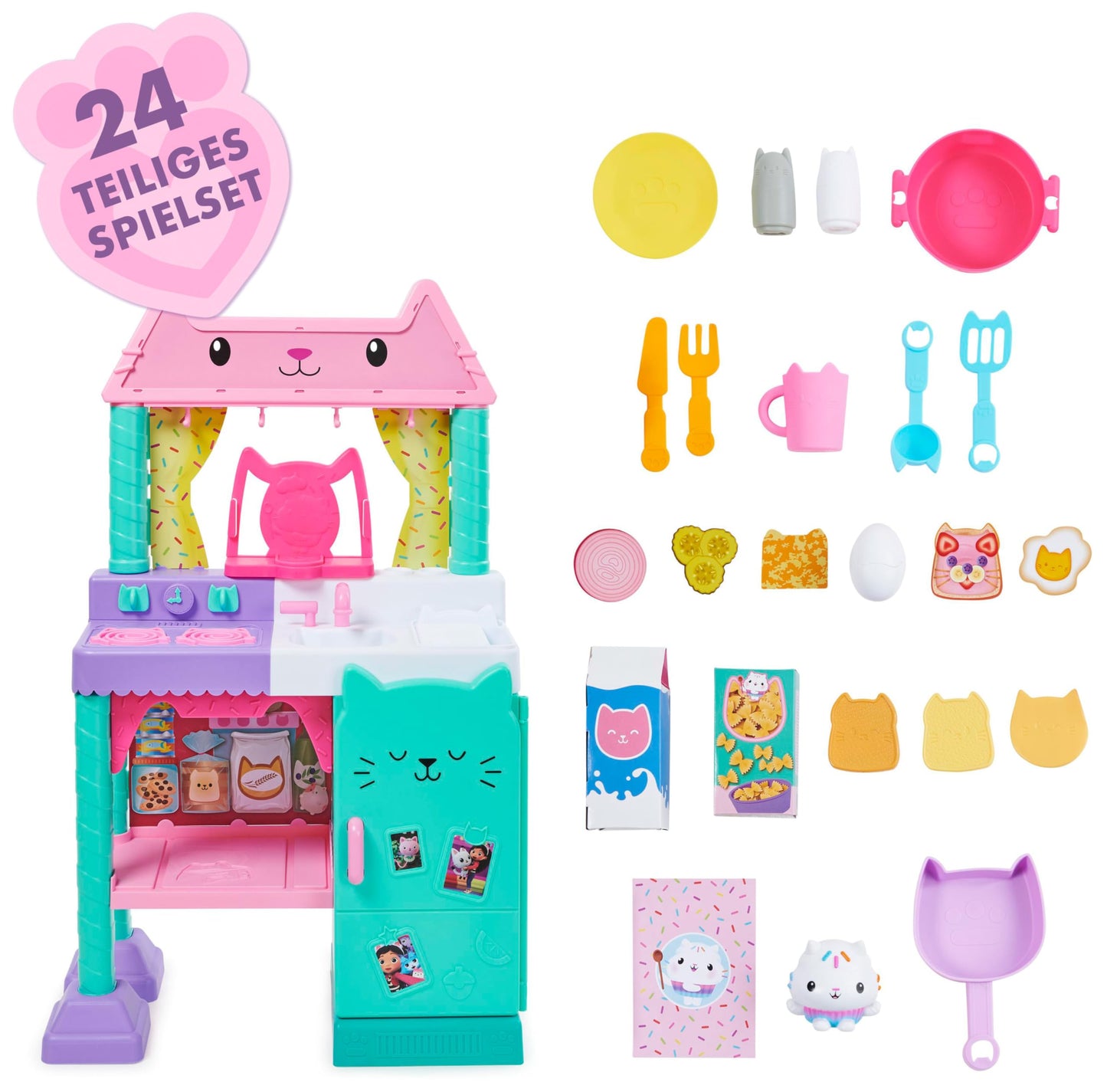 Gabby's Dollhouse, Cakey's Lifesize Kitchen, role play kitchen with sound effects, play kitchen accessories, and toy food, suitable for children aged 3 and up.