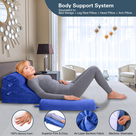 WDBBYL Bed Wedge Pillow Set, 4 pieces, for sleeping, elevation, post-surgery recovery support, acid reflux, GERD, snoring, washable velvet cover, Blue