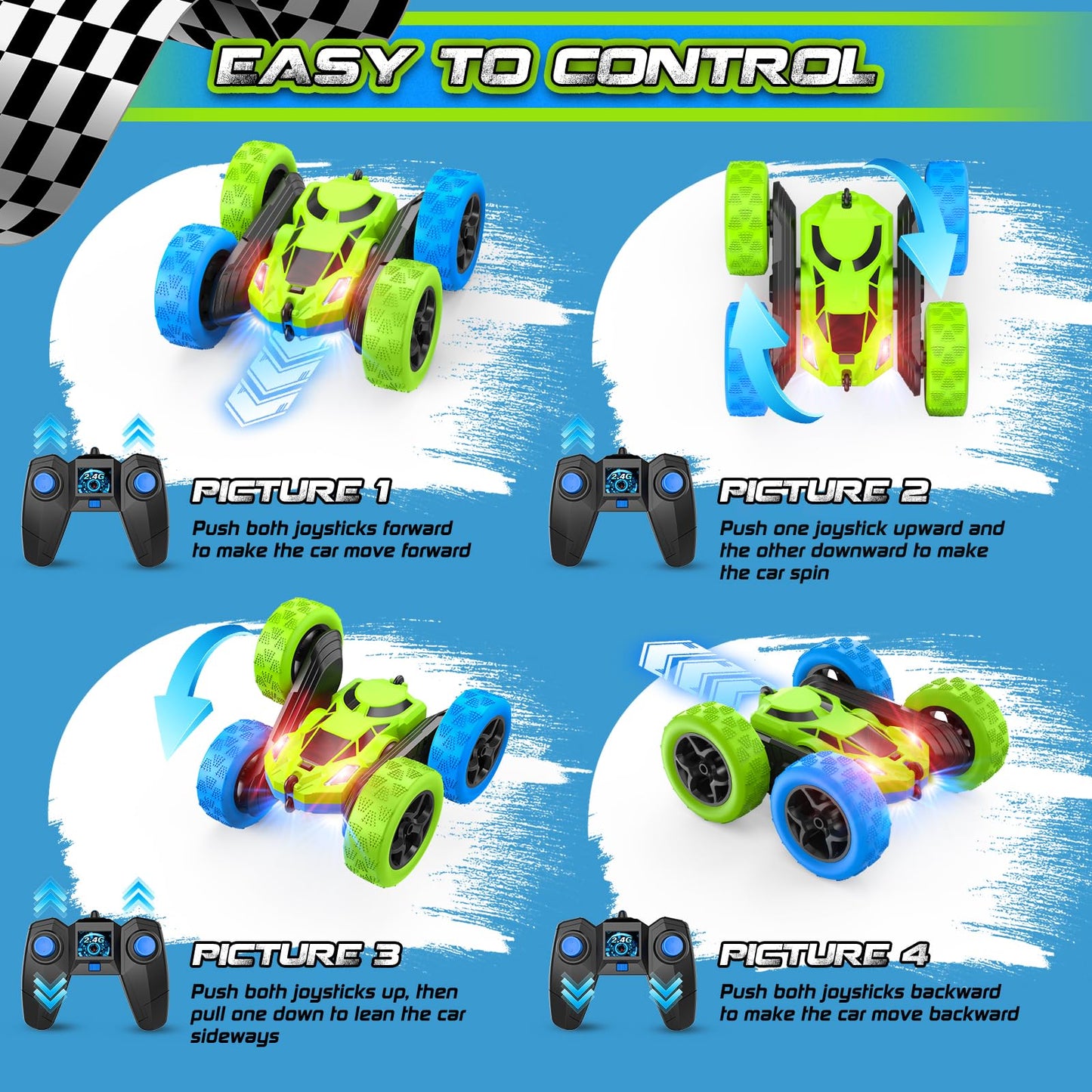 Cosone Remote Control Cars, 2.4GHz Remote Controlled Car Toy with headlights, All-wheel Drive Off-road Stunt Car, Double-sided 360° Rotation, Birthday Gifts for Boys 6+ years old (Blue-Green)