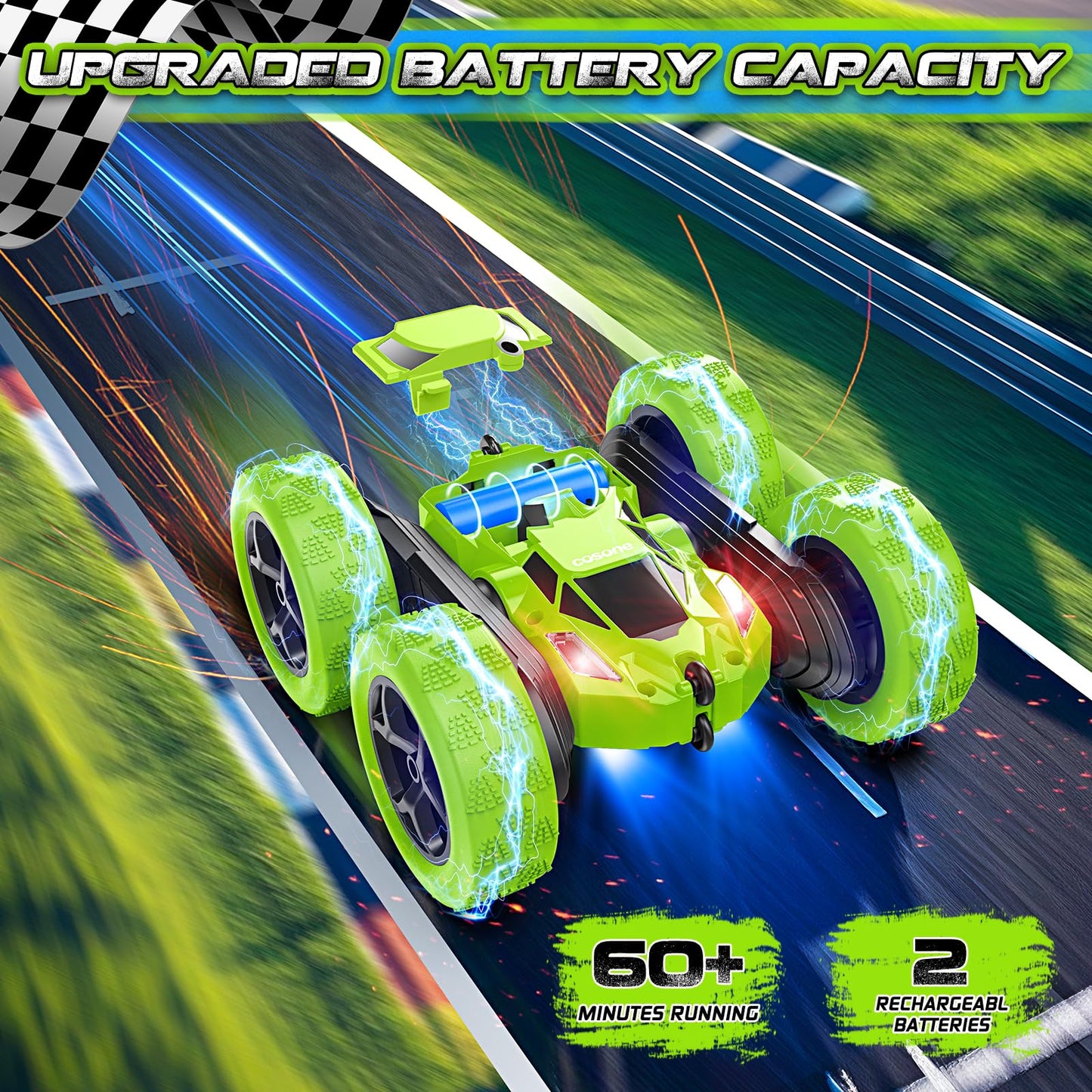 Cosone Remote Control Cars, RC Cars Stunt Car, 2.4 GHz, remote control toy cars for boys, All-wheel off-road stunt car, double-sided, 360° rotating, gifts for kids ages 6 and up (Green)