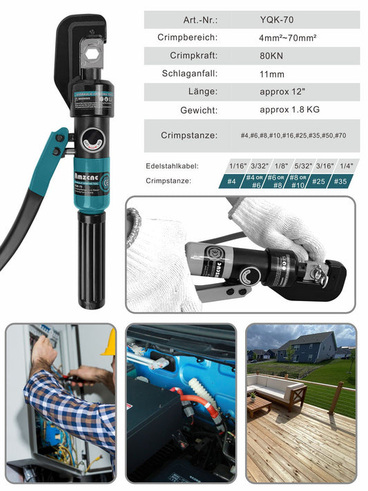 AMZCNC 8 Ton Hydraulic Crimping Tool 4-70 mm² Cable Lug Crimper with 9 Pairs of Dies (Crimp Range 4-70mm²)