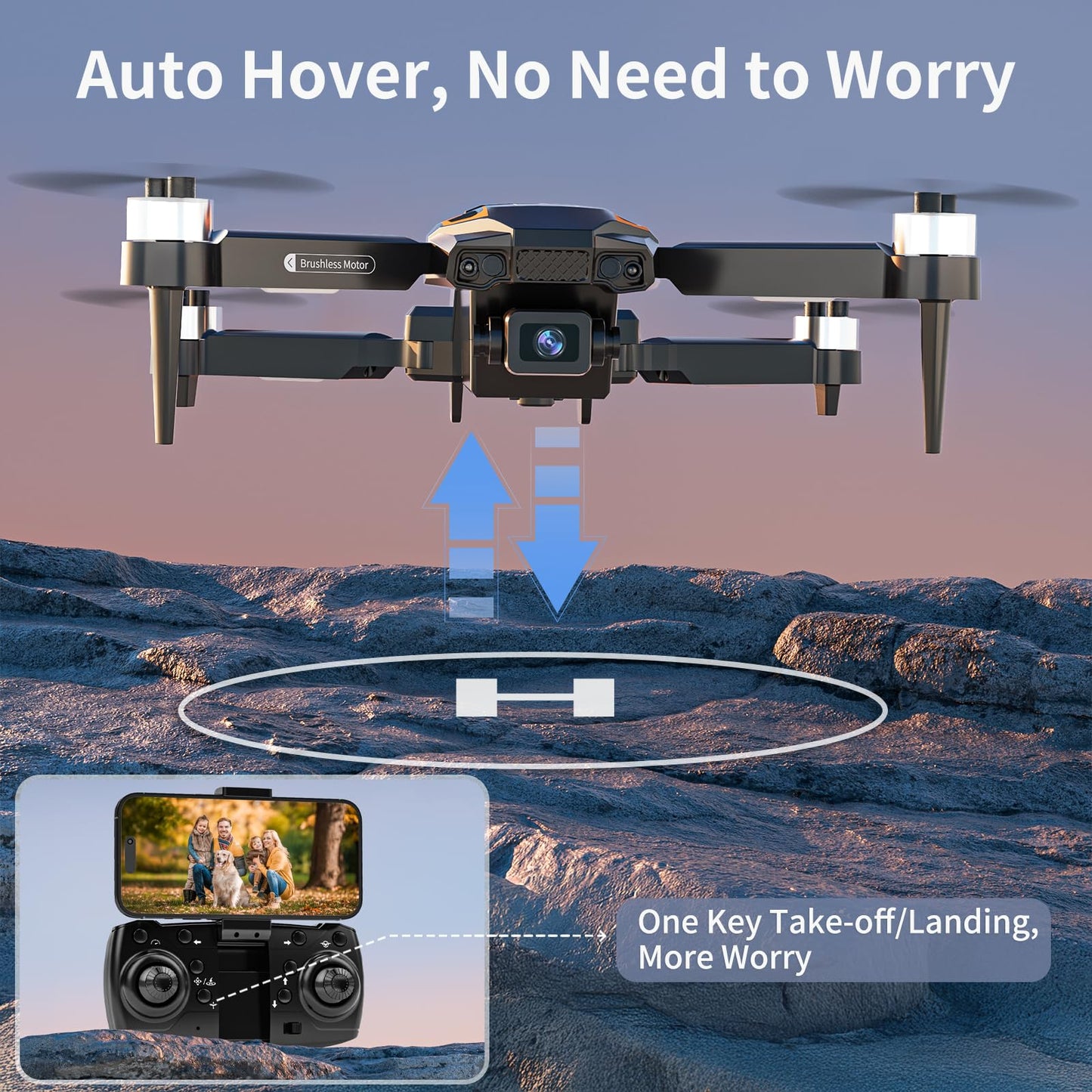 Camera drone for kids, brushless motor, gesture control, gravity control, 3D flips and auto-hover, waypoint flight, one-button start for adults/beginners.