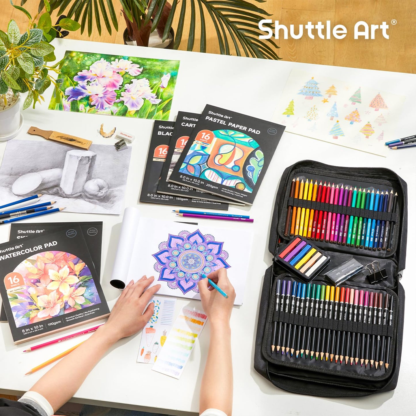 Shuttle Art 124-piece Drawing Set, Artist Kit with colored pencils, drawing pens, watercolor pencils, and graphite pencils in a pencil case, suitable for children and adults for drawing.