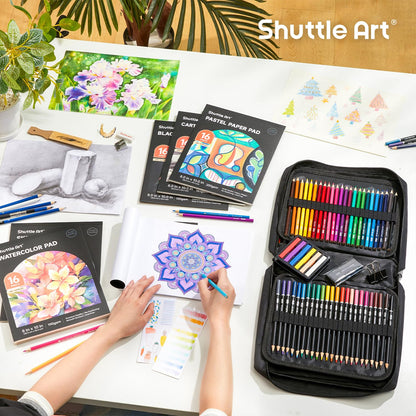 Shuttle Art 124-piece Drawing Set, Artist Kit with colored pencils, drawing pens, watercolor pencils, and graphite pencils in a pencil case, suitable for children and adults for drawing.