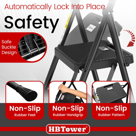 HBTower Folding Step Ladder with 2 Steps, Wide Anti-Slip Pedals, Portable up to 150 kg, Household ladder for Kitchen, Garage & DIY.