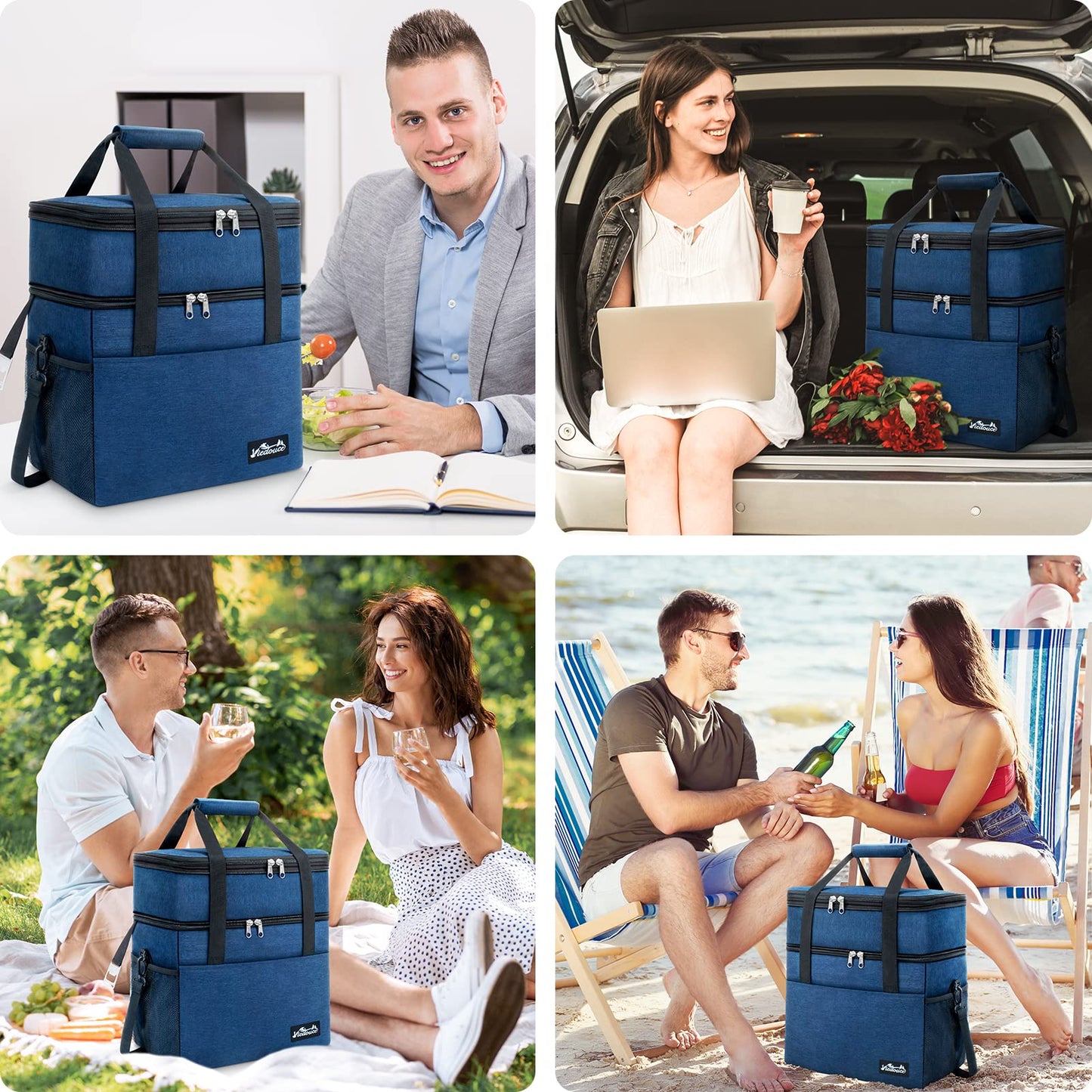 Viedouce cooler bag, expandable insulated picnic bag for men and women, double compartments waterproof leakproof lunch bag with shoulder strap beer opener for outdoor camping travel (blue, 30L)