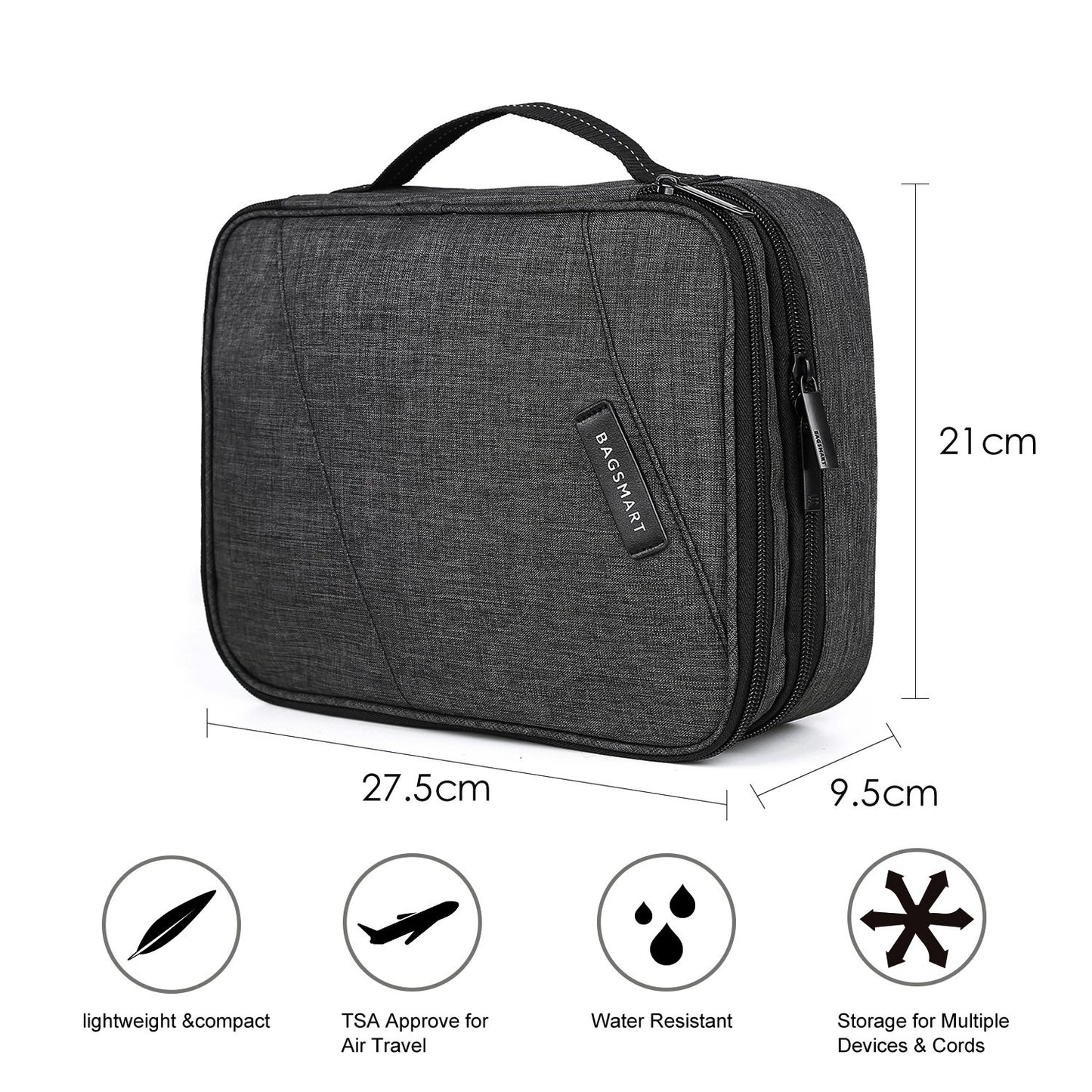 Bagsmart Electronics Bag, Double Layer Electronics Travel Organizer for Cables, Charger, iPad, iPad Air, Tablet up to 10.5 inches, Adapter, Mouse, SD Cards (Anthracite)