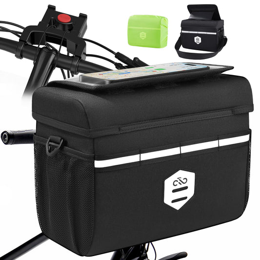 Lesolph handlebar bag for bike with handlebar adapter for bicycle and e-bike, 6L bike handlebar bag waterproof front bike basket accessory with phone holder, touchscreen, and removable shoulder strap.