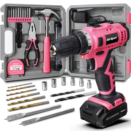 Hi-Spec 30-piece women's tool kit with 12V pink cordless drill, hammer, and screwdrivers - tool set for household, garden, & hobby.