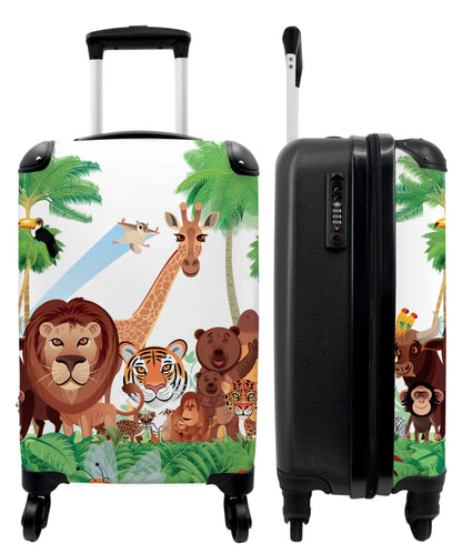 NoBoringSuitcases.com® Kids' carry-on suitcase featuring fun trolli gifts inspired jungle design with a tiger and lion. Dimension: 55x35x20cm.