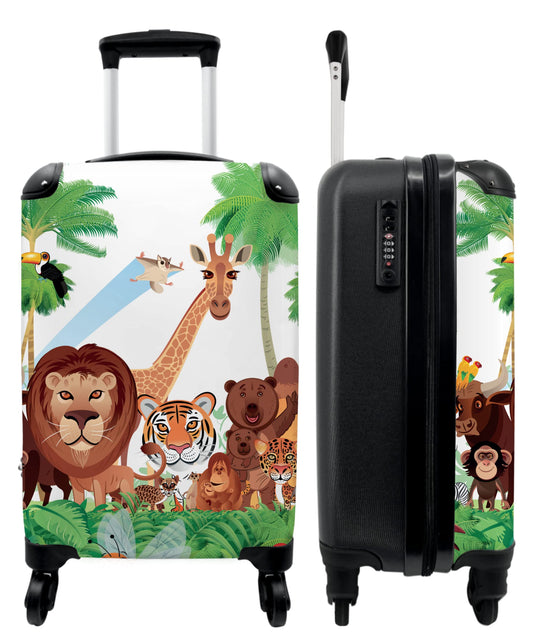 NoBoringSuitcases.com® Kids' carry-on suitcase featuring fun trolli gifts inspired jungle design with a tiger and lion. Dimension: 55x35x20cm.