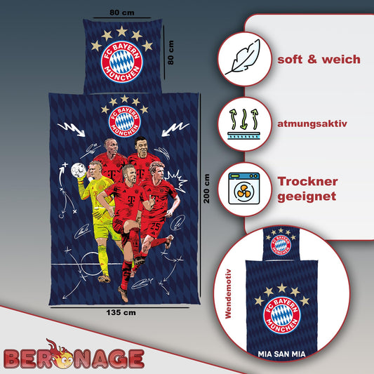 FC Bayern Munich bedding Player 135x200 cm + 80x80 cm 100% cotton flannel record champions Harry Kane, Musiala, Müller Allianz Arena football FCB German size zipper