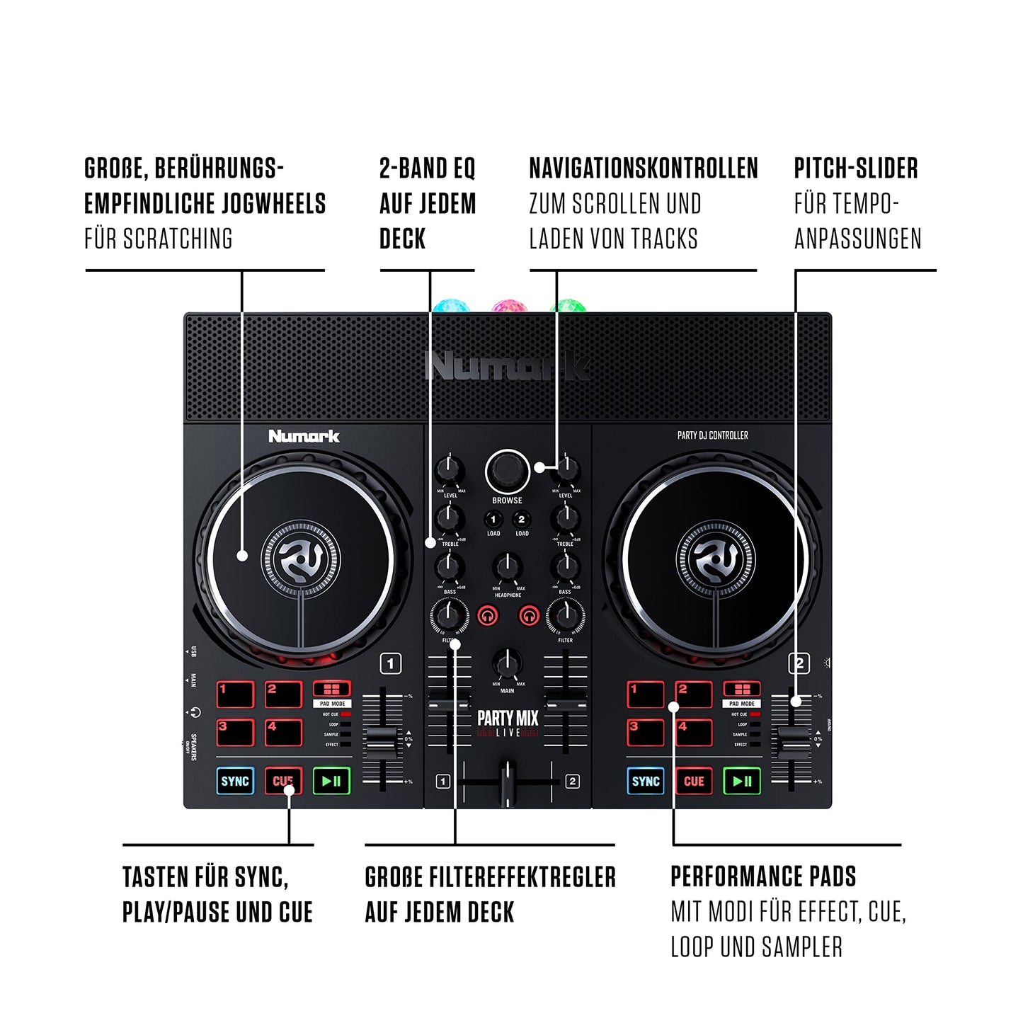 Numark Party Mix Live + HF 125 - DJ Controller set with built-in speakers, light show, mixer, and DJ headphones.