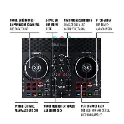 Numark Party Mix Live + HF 125 - DJ Controller set with built-in speakers, light show, mixer, and DJ headphones.
