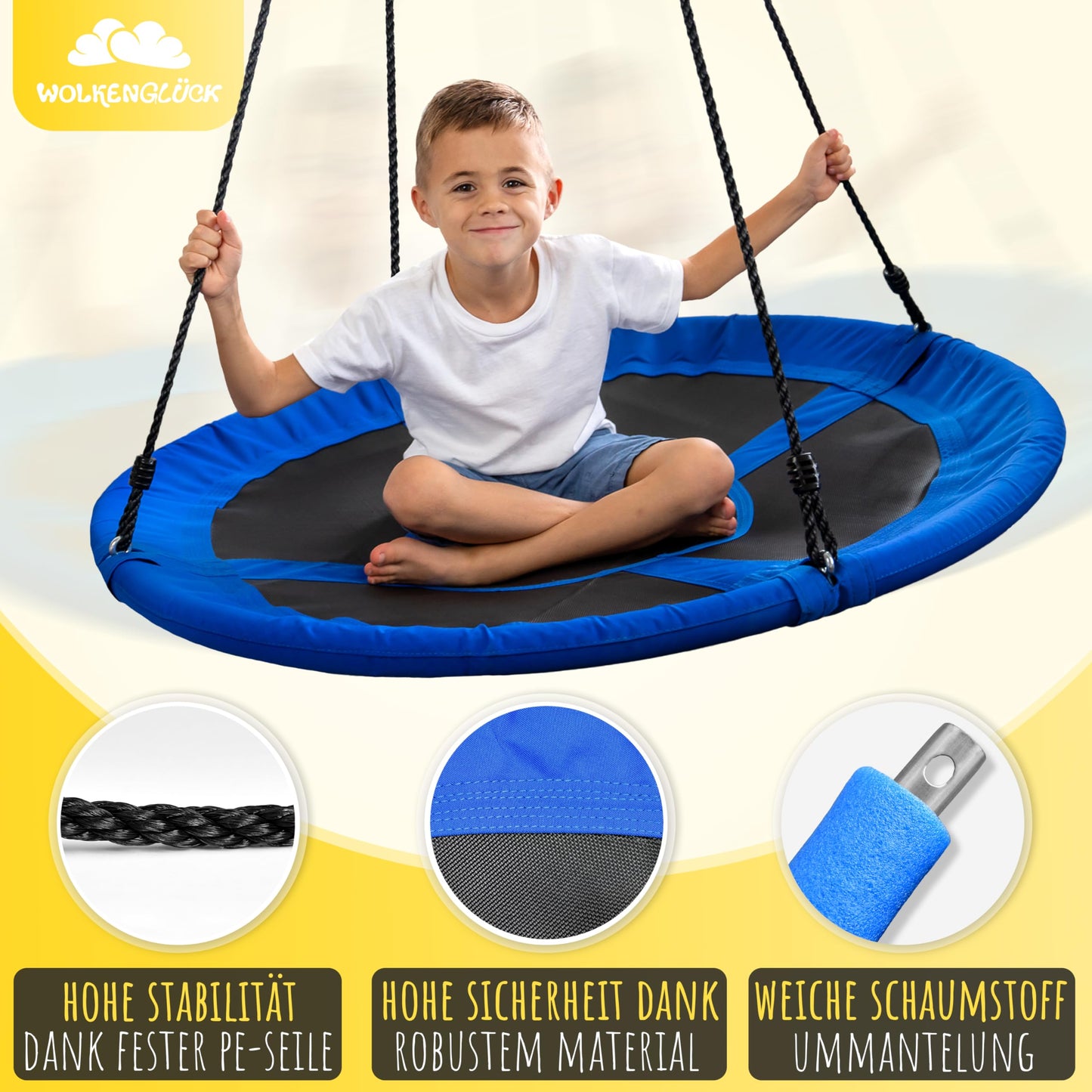 WOLKENGLÜCK® Nest Swing [Ø 110 cm] - Adjustable Height Swing for Outdoor & Indoor Use for Kids and Adults [up to 150 kg] - Includes Mounting Accessories - Kids Swing