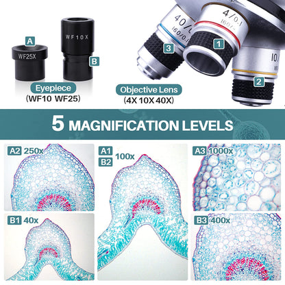 MAXLAPTER Binocular Microscope for Adults Kids, 40X-1000X Compound Microscope with Storage Bag Slides Phone Adapter and Accessories, for Teaching Laboratory Hobbyist Applications