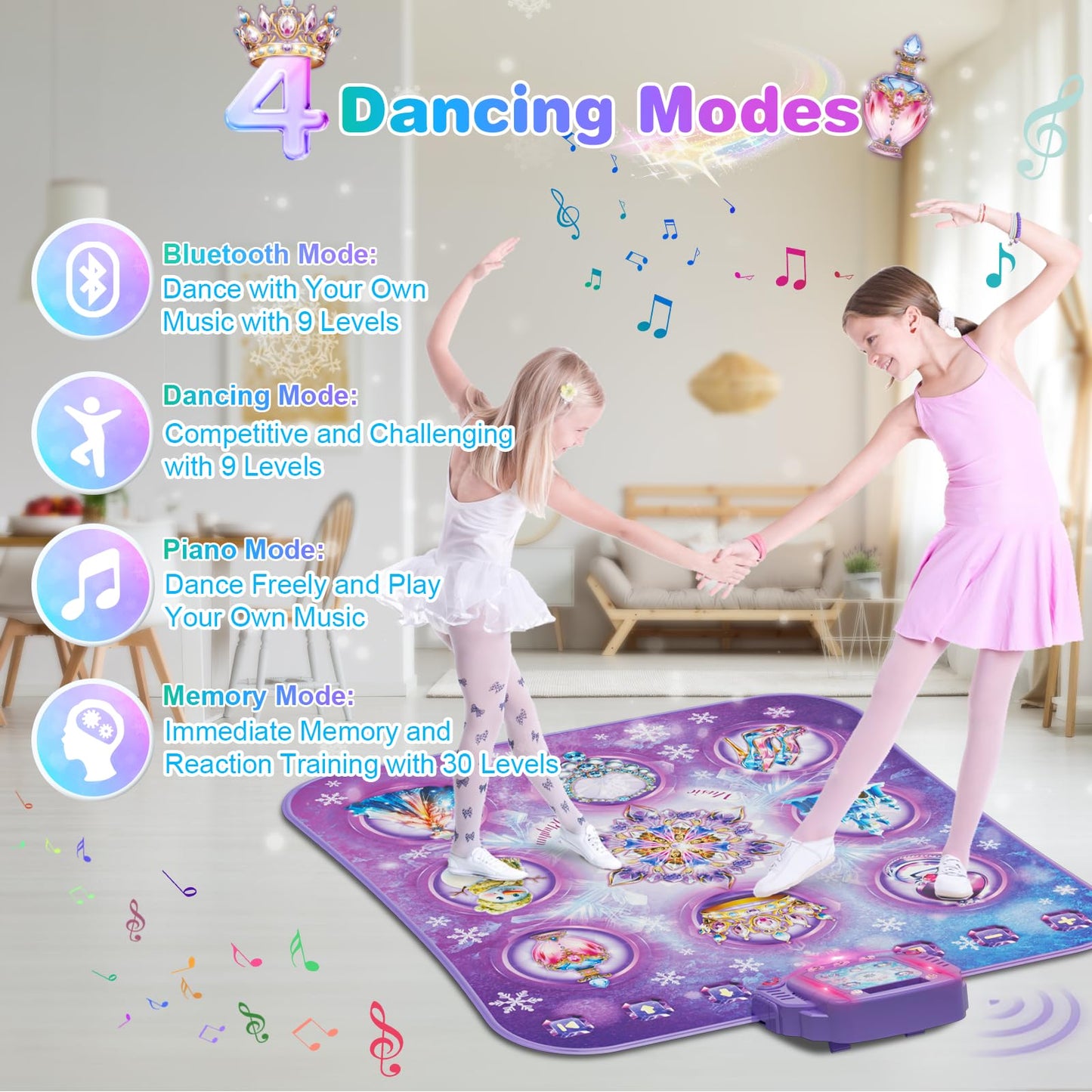 Dance mat kids toy gifts for girls 3 4 5 6 7 8 9 years, 2025 8 button dance mat with Bluetooth, Flowing light control system with stands, Purple princess gift for 3-12 girls
