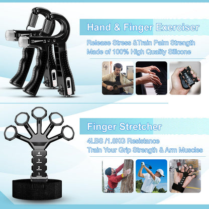 ALMAH Hand Trainer training set (5-pack), finger trainer grip strength trainer set, 2 adjustable resistance forearm trainers, finger stretcher, training ring & stress relief grip ball with carrying bag.