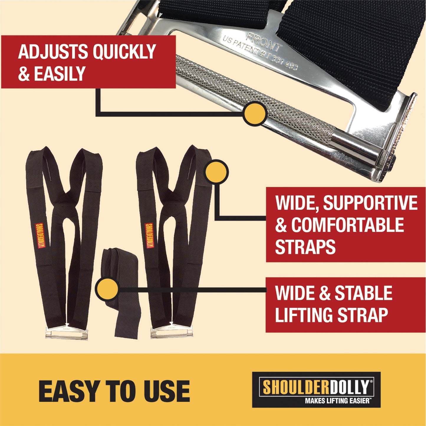 Shoulder Dolly 2-person carrying strap, lifting belt for ergonomic and easy lifting of objects up to 370 kg and 3.65 m in length & transparent tape - 10 m x 19 mm - 8 pack.
