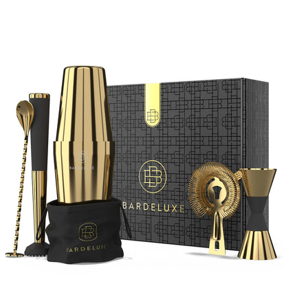 BarDeluxe® Boston Shaker Set 5-piece, Bartender Set, Cocktail Mix Set - 750ml Boston Cocktail Shaker, Stainless Steel Cocktail Set, Cocktail Accessories - Luxury Gift Set, Bag & recipe book (Gold)