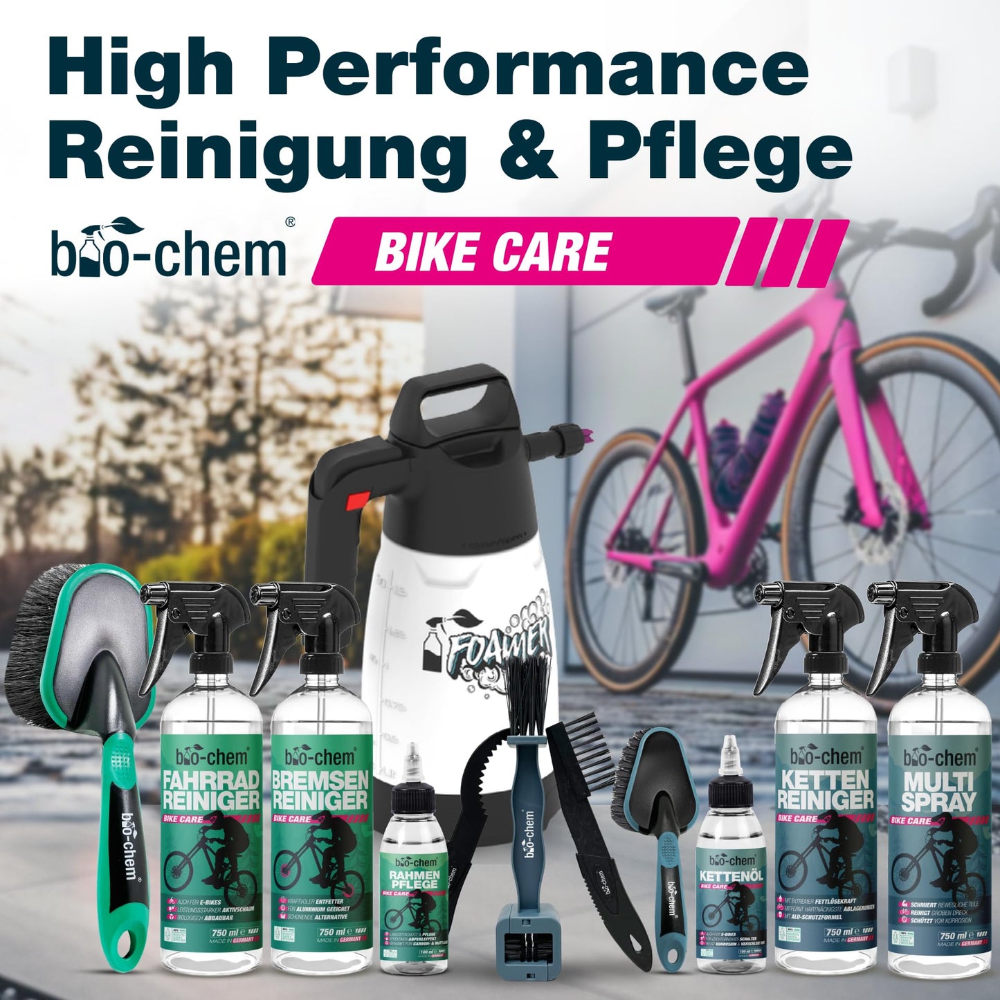 Bio-chem Premium Bike Cleaning Kit, 9-piece set for all bikes & e-bikes | Effective and gentle care products: bike cleaner, chain cleaner, chain oil, frame care + high-quality accessories