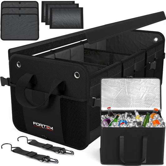 FORTEM Trunk Organizer, Trunk Bag, Collapsible Car Trunk Organizer with Compartments, Non-slip Bottom, Adjustable Securing Straps, Foldable Lid (Extra Large with Cooler)