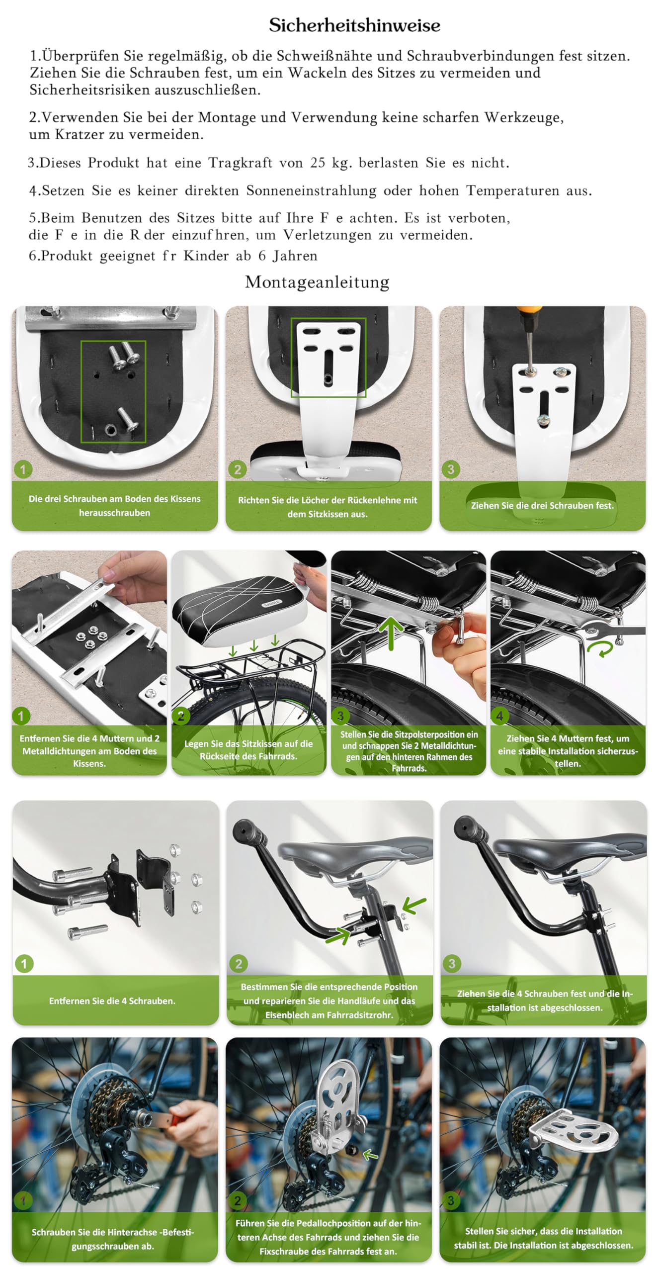 Auvstar Kids Safety Bicycle Rear Seat Accessory Set, Rear Seat Cushion Armrest Footrest Set for Girls/Boys/Children.