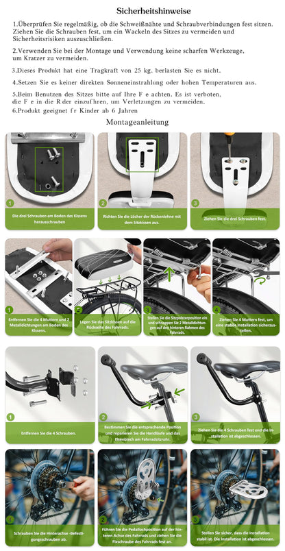 Auvstar Kids Safety Bicycle Rear Seat Accessory Set, Rear Seat Cushion Armrest Footrest Set for Girls/Boys/Children.
