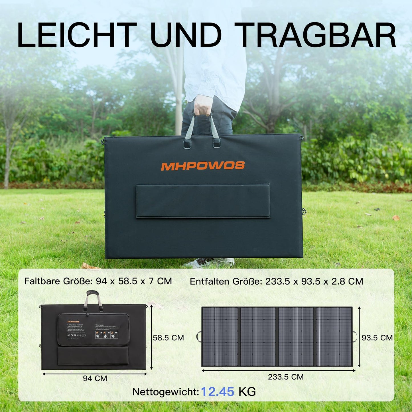 MHPOWOS 400W Portable Solar Panel, Foldable Solar Module Kit complete with an adjustable kickstand, Waterproof IP67 for outdoor camping, portable power station, RV, garden, balcony.