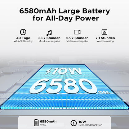 DOOGEE Tab A9 10-inch Android 15 Tablet, 12GB RAM+64GB ROM(TF 2TB), Gaming Tablet with 6580mAh battery, Unisoc T310, dual speakers, 5G WiFi, 8MP camera, Type-C, GMS, Bluetooth 5.0, Face ID, 3.5mm headphone jack.