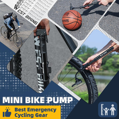 West Biking Mini Bike Pump - Aluminum Bicycle Air Pump for all valves, portable small bike pump, quick tire inflation. Lightweight mini bike pump for MTB road bike ball pump.