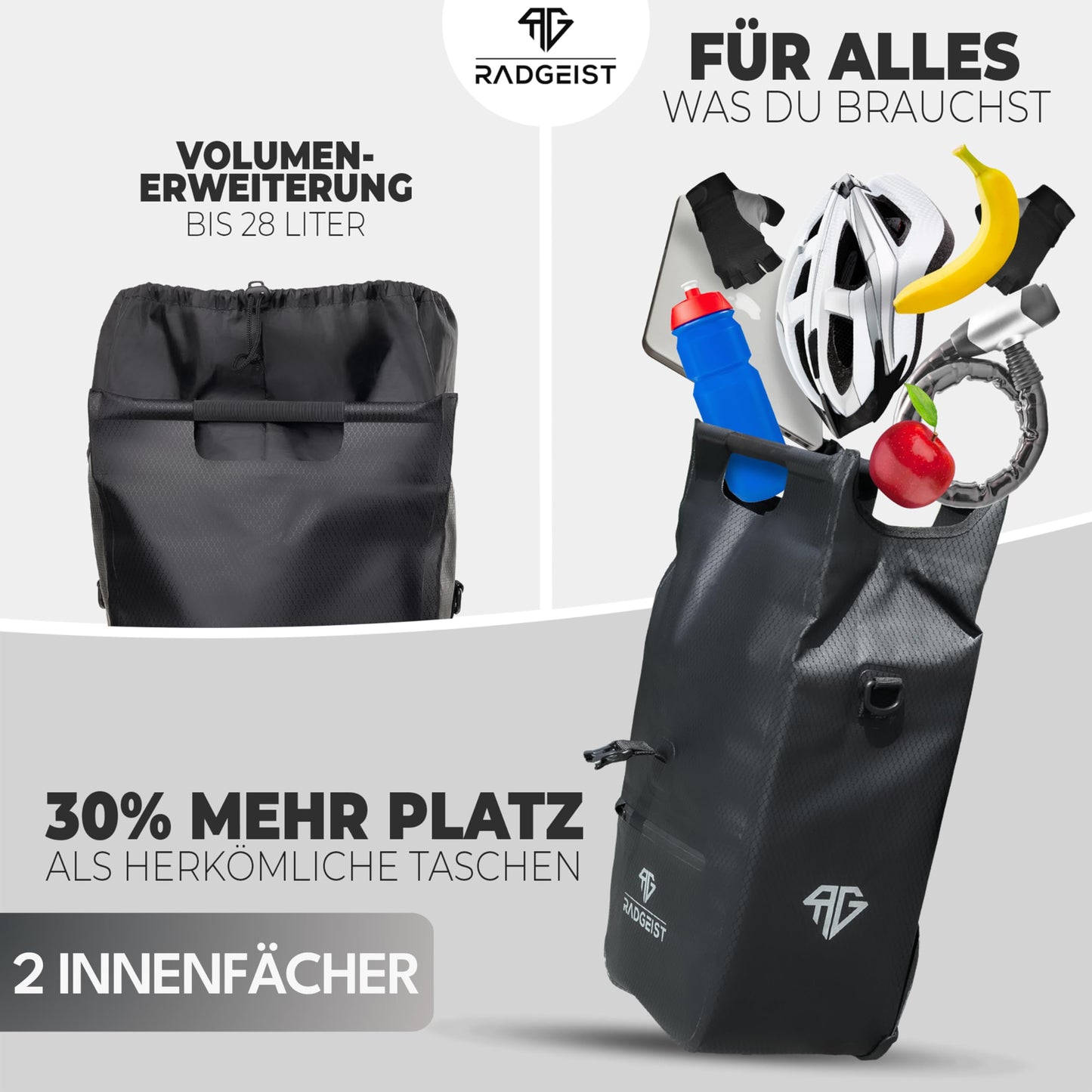 RADGEIST bicycle bag for luggage rack I cargo rack bag shopper with removable cooler bag I bicycle shopping bag & tote bag 22-28 liters.