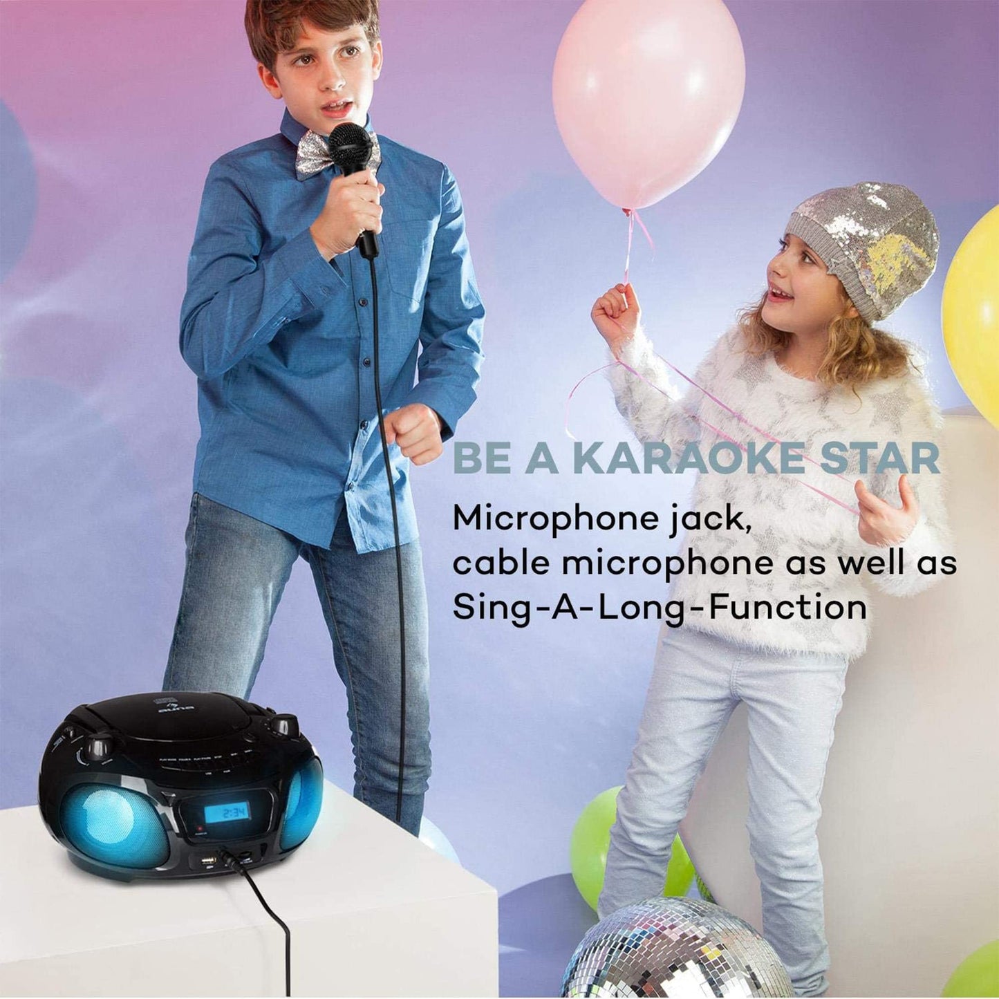 Auna portable radio for children with CD player, microphone and USB, 3W boombox with Bluetooth function, AUX/FM radio portable with LED display, MP3, 5.0 streaming, CD radio for girls and boys.