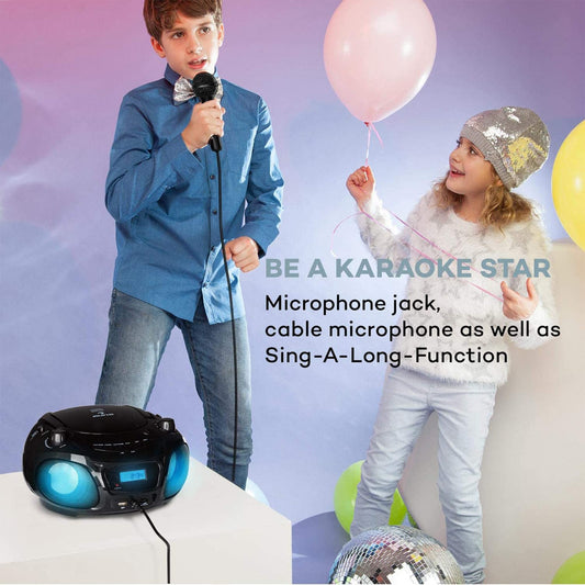 Auna portable radio for children with CD player, microphone and USB, 3W boombox with Bluetooth function, AUX/FM radio portable with LED display, MP3, 5.0 streaming, CD radio for girls and boys.