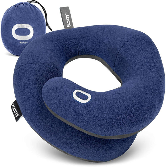 BCOZZY Travel Neck Pillow, Provides Dual Support for Head, Neck, and Chin in Any Sleeping Position on Flights, in the Car, and at Home, Comfortable Airplane Travel Pillow, Size Large, Blue