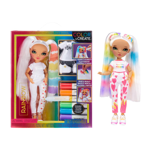 Rainbow High Color & Create DIY Fashion Doll - Green eyes, braids, extra top & shoes, washable rainbow markers - Color, create, play, wash out - for kids aged 4-12 and collectors.