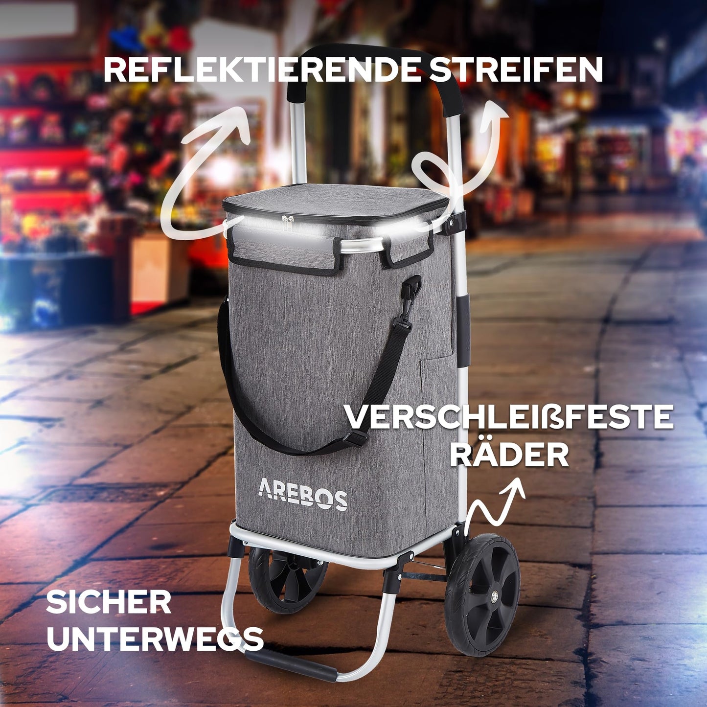 Arebos 3in1 shopping trolley | Large 56 liter cart | Shopping bag with cooler compartment | Bag with wheels | Folding shopper | Foldable bag removable | Shopping roller, hand cart | Gray